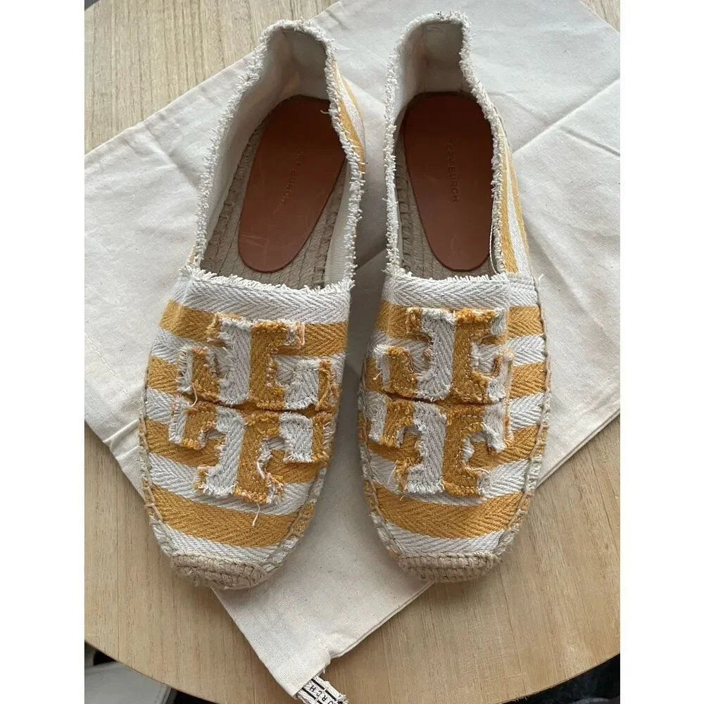 TORY BURCH IN CITRUS STRIPED ESPADRILLE FRAYED CANVAS FLATS US SIZE 9M NEW